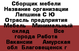 Сборщик мебели › Название организации ­ Лапшина С.Ю. › Отрасль предприятия ­ Мебель › Минимальный оклад ­ 20 000 - Все города Работа » Вакансии   . Амурская обл.,Благовещенск г.